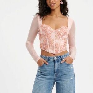 Shein Women's NWOT Pink 3D Embellished Floral Sweetheart Neck LS Corset Top Sz S